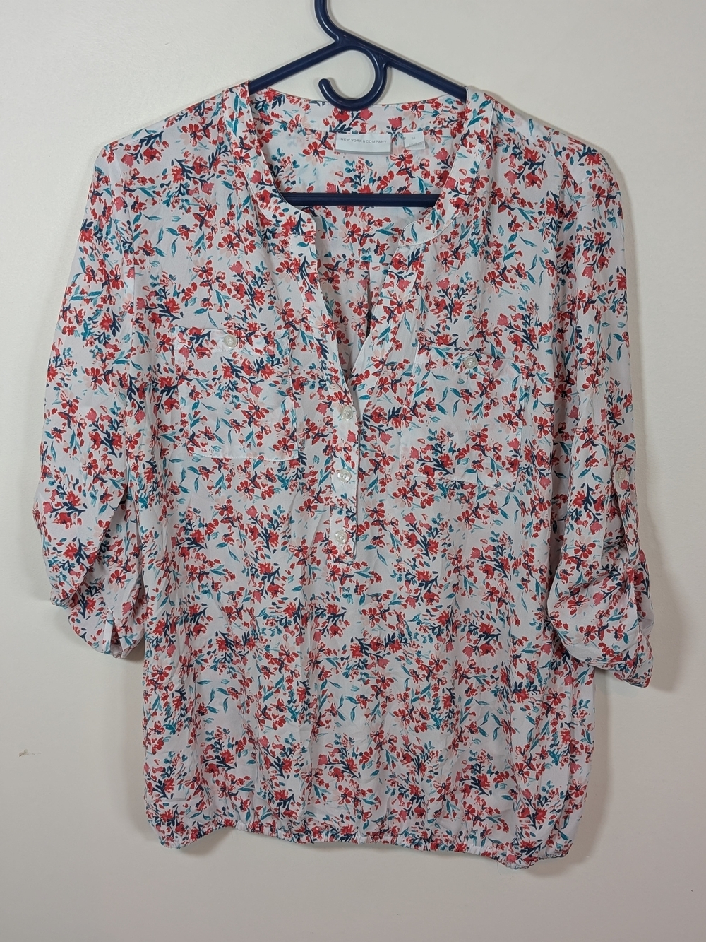 Polyester blouse, New York & Company, floral print v-neck top